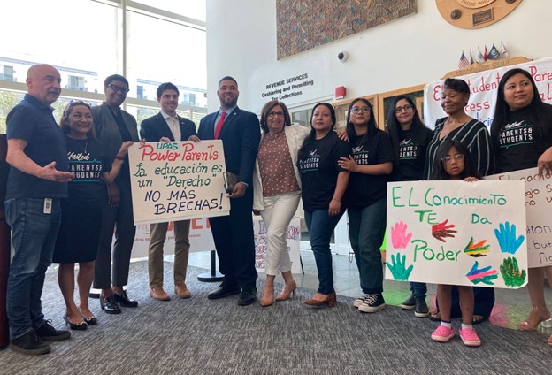 Parent leaders with Schools Superintendent Tamu Lucero and Stamford Representatives Blumenthal, Delany and Figueroa.