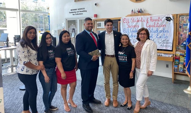 Left to right - Edith Targonski, Parent leaders Maria Garcia, Sayda Alverto and Jenny Canepa joined by Representatives Hubert Delany, Matt Blumenthal and Anabel Figueroa. 